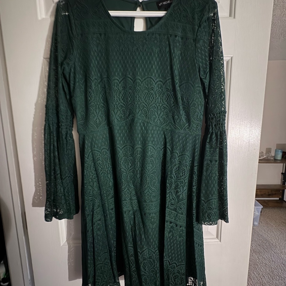 Long sleeve lace detail wedding guest dress.